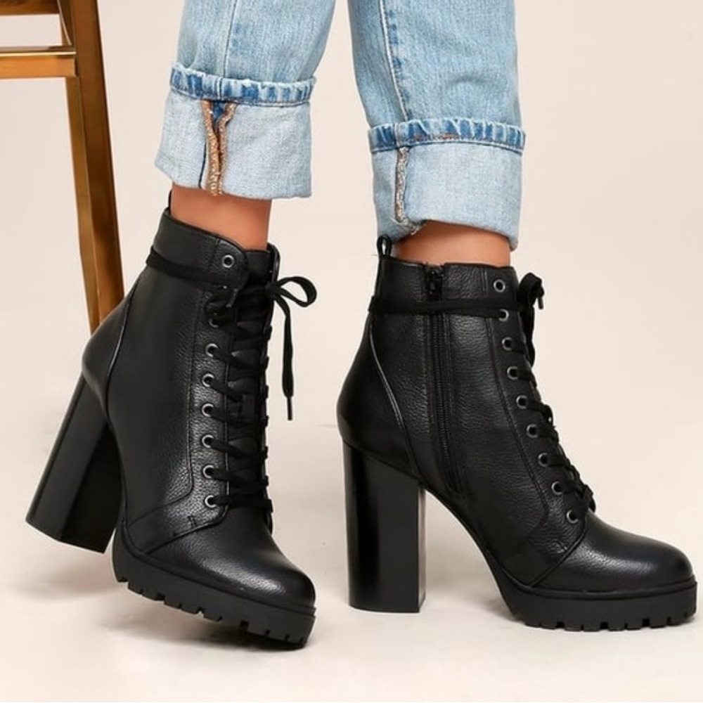 Steve Madden Laurie Black Leather Lace Up Platform Combat Boots